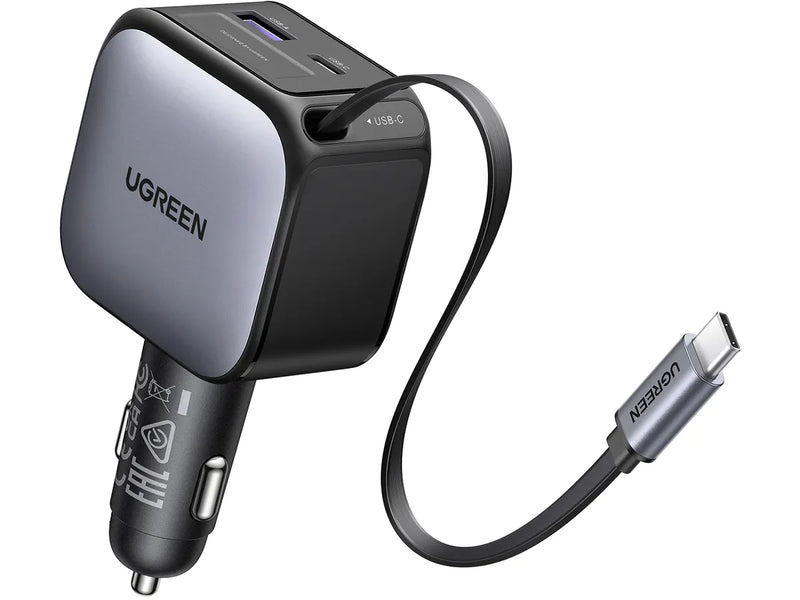Incarcator auto Ugreen EC602 60W USB-C USB-A cablu retractabil gri