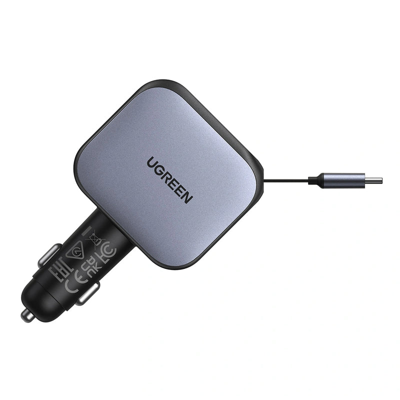 Incarcator auto Ugreen EC604 145W 2x USB-C USB-A cablu retractabil gri