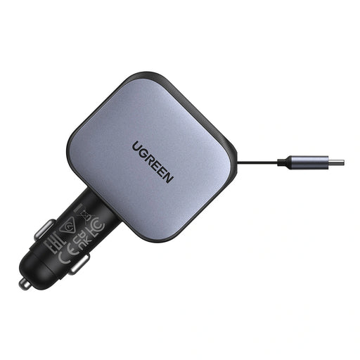 Incarcator auto Ugreen EC604 145W 2x USB-C USB-A cablu retractabil gri