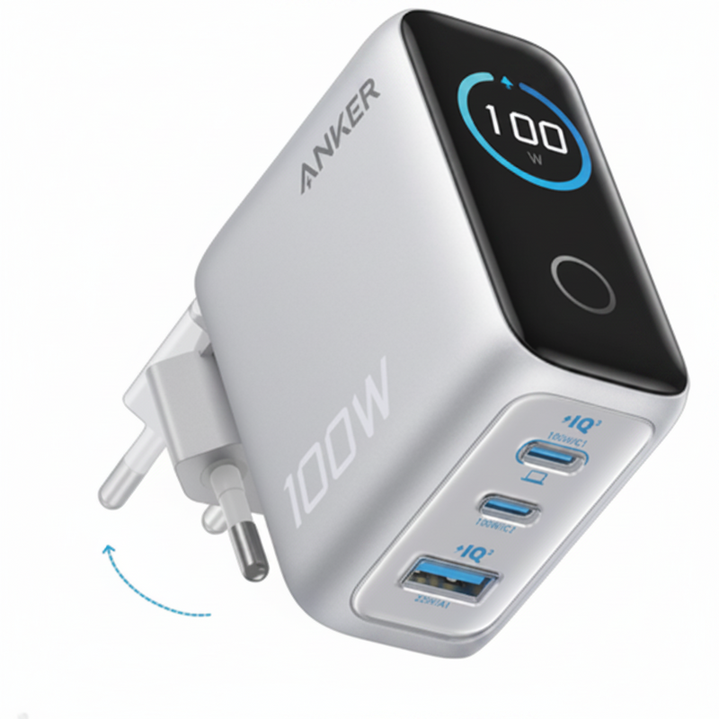 Încărcător Rețea Smart Display 100W 2x USB-C 1x USB-A Argintiu - Anker