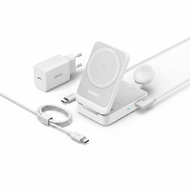 Încărcător Wireless MagGo 3-in-1 Qi2 15W Pliabil Cablu și Adaptor Incluse Alb Anker