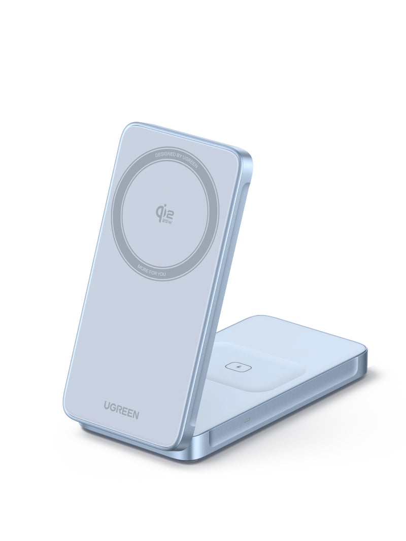 Incarcator wireless Ugreen MagFlow W756 2-in-1 Qi2.2 25W albastru