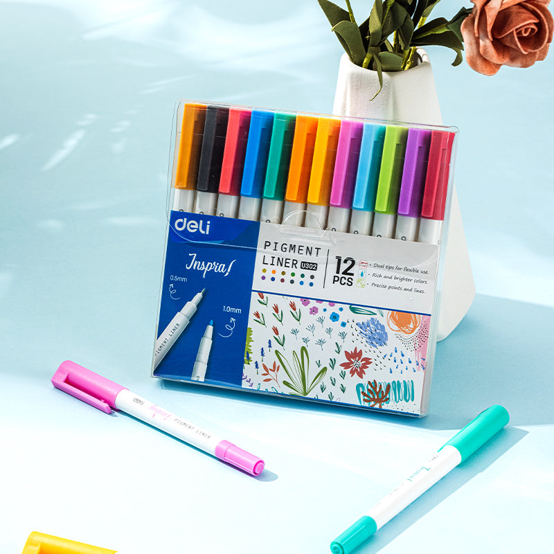 Set 12 Linere Pigment cu 2 Capete 0,5/1 mm Inspira Deli