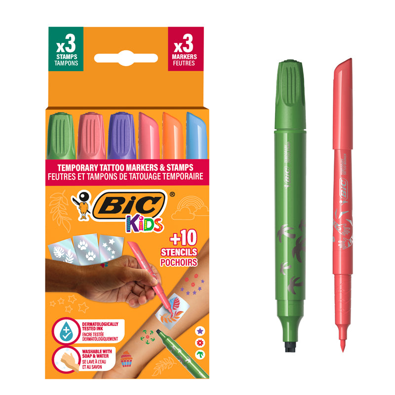 Marker Tatuaje Temporare Kids Set 3 Markere + 3 Ștampile + 10 Șabloane BIC