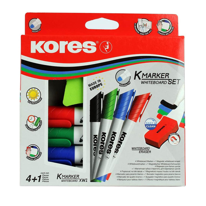 Marker Whiteboard 3 mm Set 4 Buc cu Burete Magnetic Kores