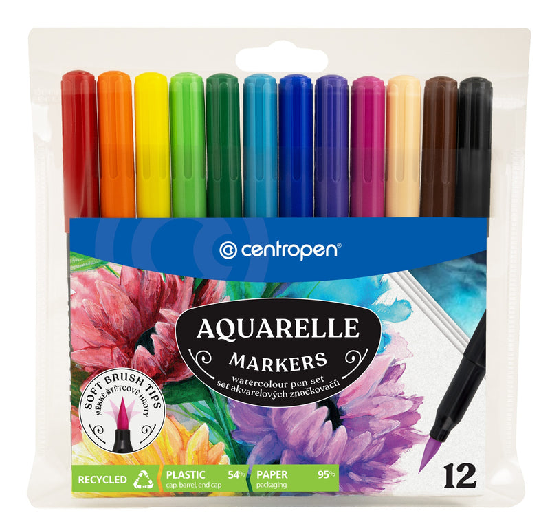 Markere Solubile cu Vârf Pensulă Set 12 Culori Centropen