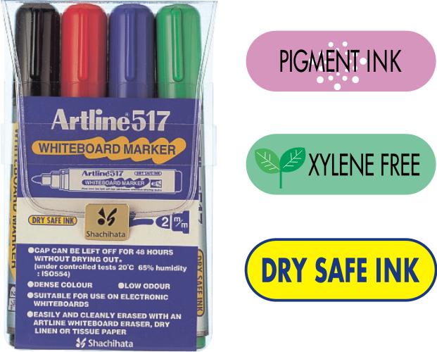 Set 4 Markere pentru Tablă 517 Dry Safe 48h Vârf Rotund 2 mm Artline