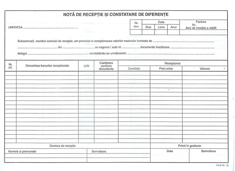 Notă de Recepție Constatare Diferențe Fără TVA Autocopiativă A4 100 file Calitate verificată