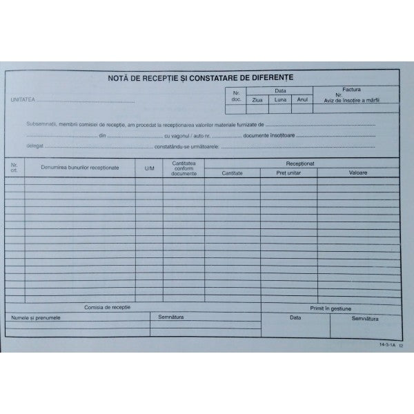Notă de Recepție Constatare Diferențe Fără TVA A4 100 file Calitate verificată
