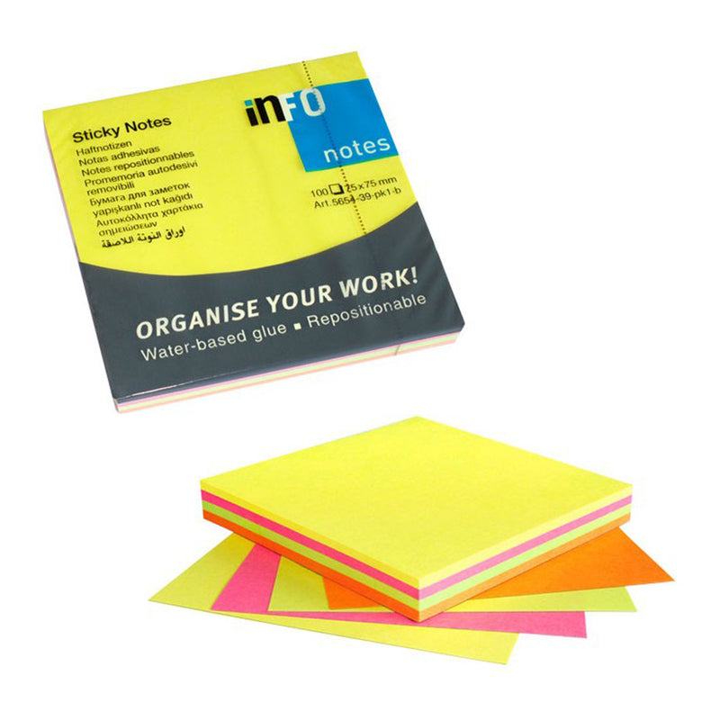 Notes Adeziv 75 x 75 mm 4 Culori Neon 100 file Global Notes