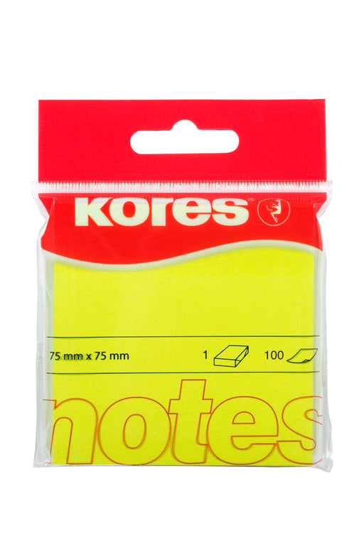 Notes adeziv Kores, galben neon, 75 x 75 mm, 100 file