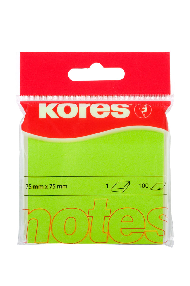 Notes adeziv Kores, verde neon, 75 x 75 mm, 100 file