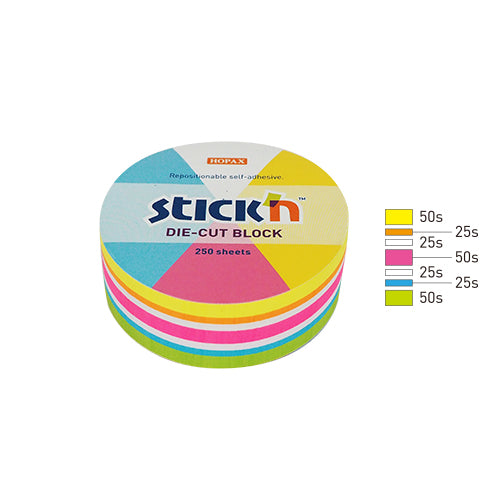 Notes adeziv Stick'n, formă cerc, Die-Cut 5 culori fluorescente, 67 x 67 mm, 250 file