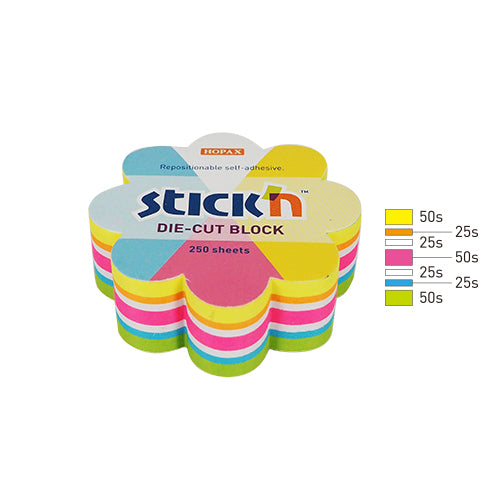 Notes adeziv Stick'n, formă floare, Die-Cut 5 culori fluorescente, 67 x 67 mm, 250 file