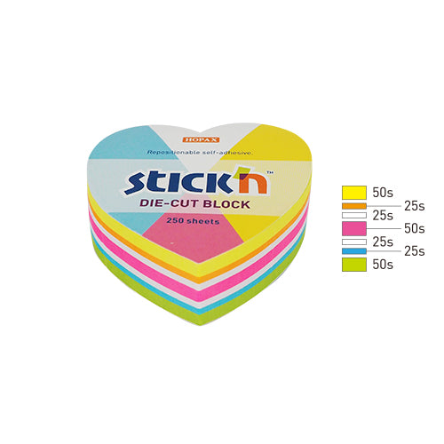 Notes adeziv Stick'n, formă inimă, Die-Cut 5 culori fluorescente, 64 x 67 mm, 250 file