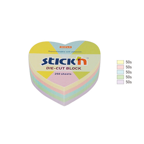 Notes adeziv Stick'n, formă inimă, Die-Cut 5 culori pastel, 64 x 67 mm, 250 file