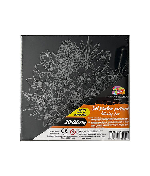 Set Pânză Neagră Predesenată pe Șasiu 20 x 20 cm Flori Metalizat și Neon Pigna
