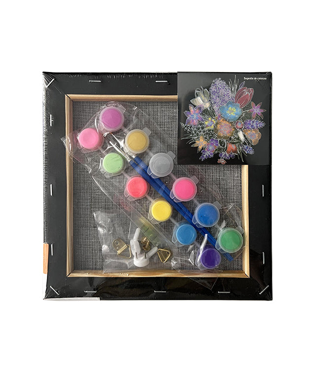 Set Pânză Neagră Predesenată pe Șasiu 20 x 20 cm Flori Metalizat și Neon Pigna