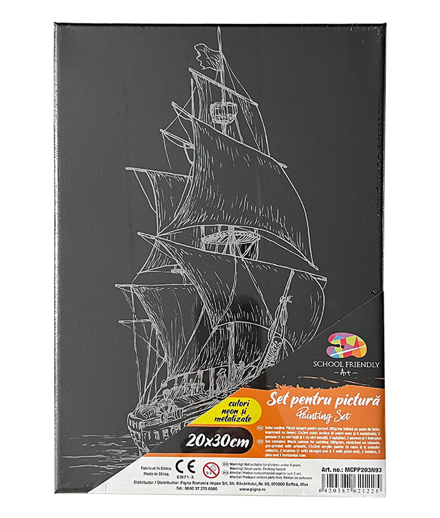 Set Pânză Neagră Predesenată pe Șasiu 20 x 30 cm Corabie Metalizat și Neon Pigna