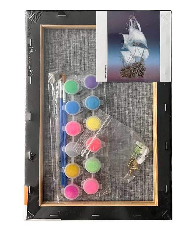 Set Pânză Neagră Predesenată pe Șasiu 20 x 30 cm Corabie Metalizat și Neon Pigna