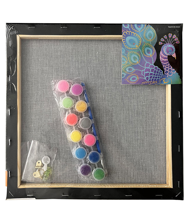 Set Pânză Neagră Predesenată pe Șasiu 30 x 30 cm Păun Metalizat și Neon Pigna