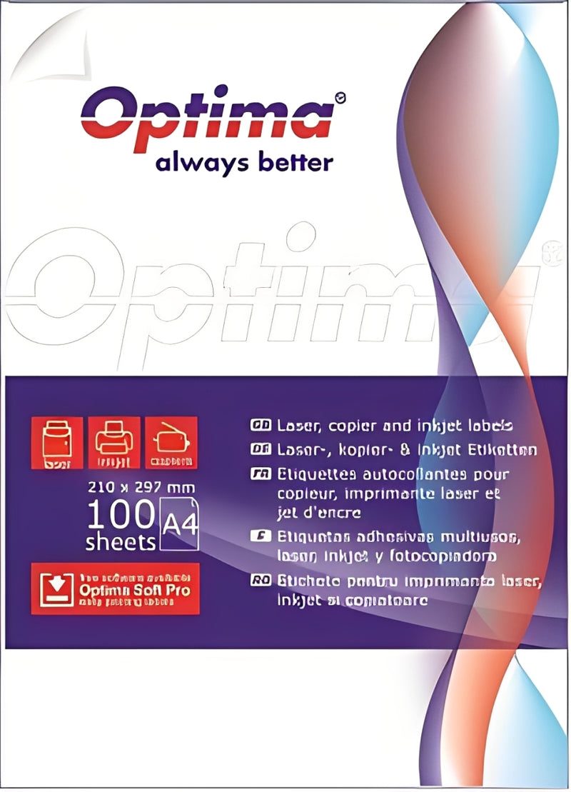 Etichete albe autoadezive Optima Smart, format 2/A4, dimensiune 199.6 x 144.5 mm, colțuri rotunjite, 100 coli/top