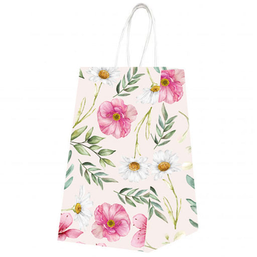 Pungă de Hârtie cu Mâner Răsucit 18x8x22 cm Alb cu Motive Florale Papiroti