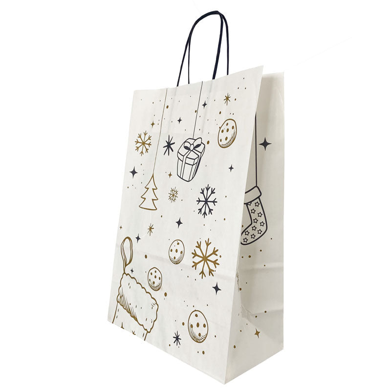 Pungă Cadou din Hârtie cu Mâner Răsucit 26 x 12 x 35 cm Albă cu Motive de Crăciun cu Interior Alb Papiroti