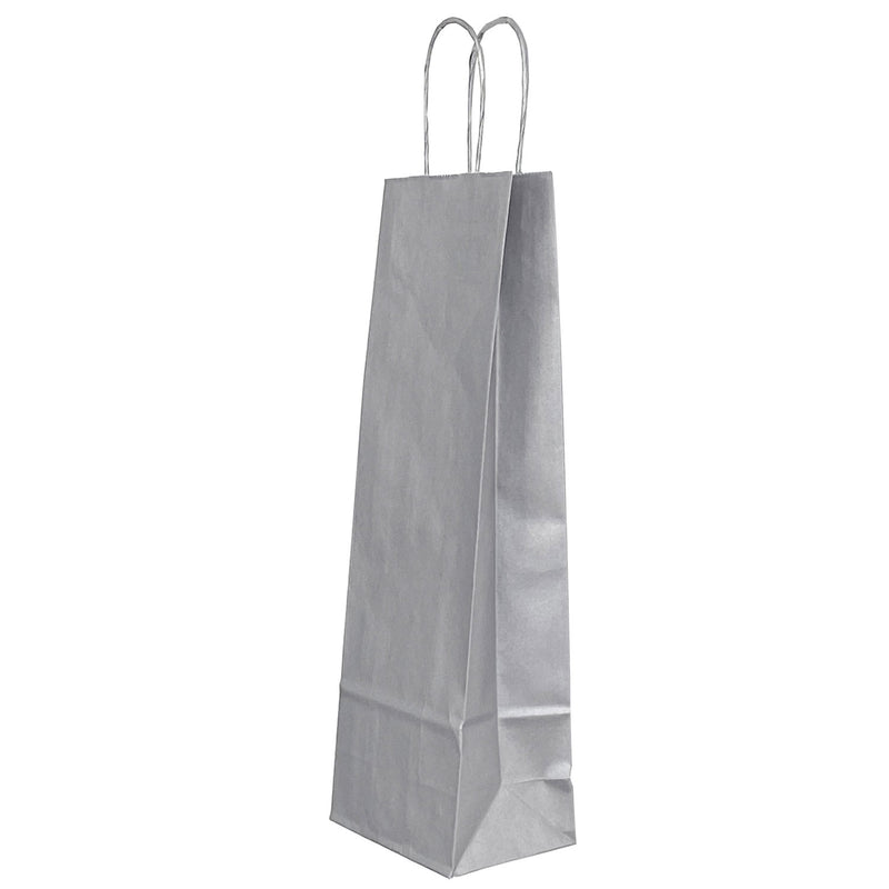 Pungă din Hârtie pentru Sticle cu Mâner Răsucit 14 x 8 x 39 cm Argintie cu Interior Alb Papiroti