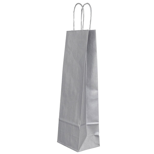 Pungă din Hârtie pentru Sticle cu Mâner Răsucit 14 x 8 x 39 cm Argintie cu Interior Alb Papiroti