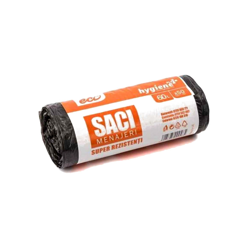 Saci menajeri 60 l HDPE negri - 50 buc/rola