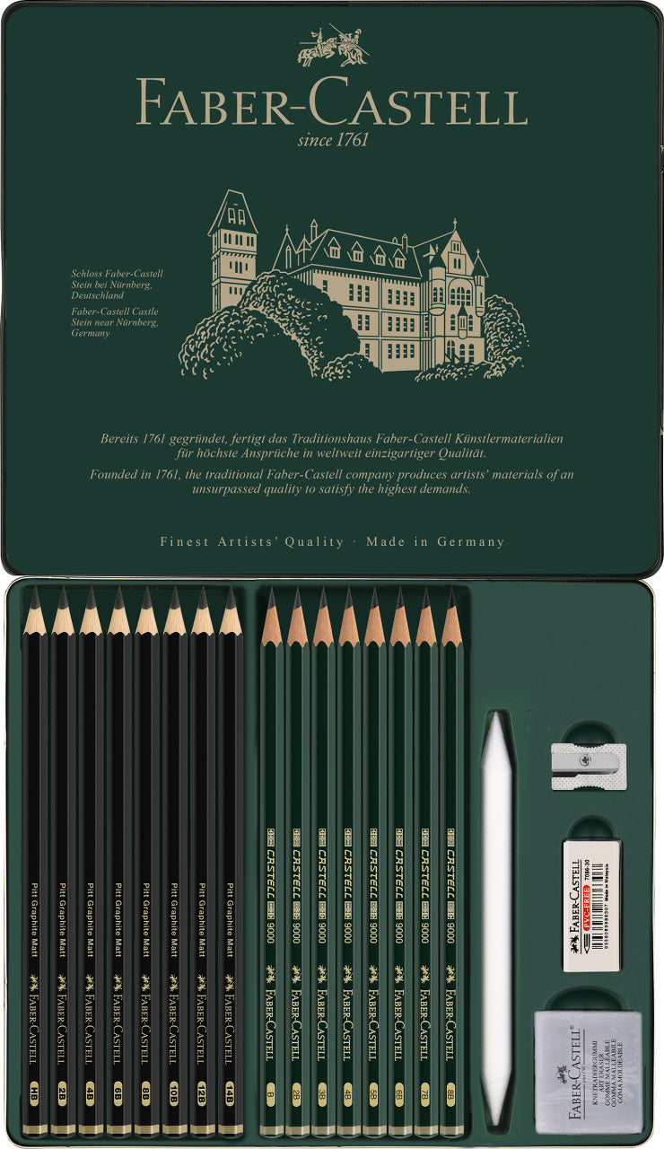 Set Creioane Grafit Mat Pitt și Castell 9000 cu Radieră și Ascuțitoare Faber-Castell