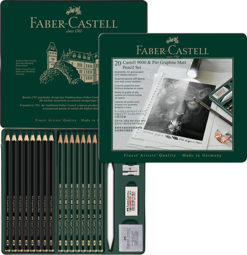 Set Creioane Grafit Mat Pitt și Castell 9000 cu Radieră și Ascuțitoare Faber-Castell