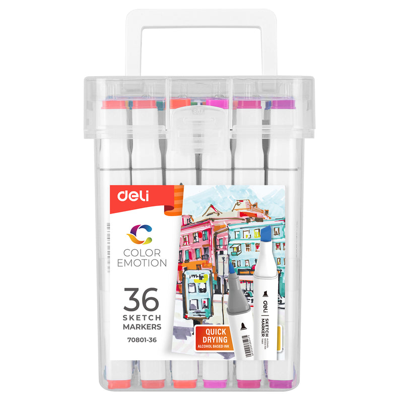 Set 36 Markere Sketch Vârf Dublu 1/7 mm Cutie Plastic Deli