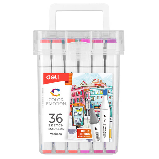 Set 36 Markere Sketch Vârf Dublu 1/7 mm Cutie Plastic Deli