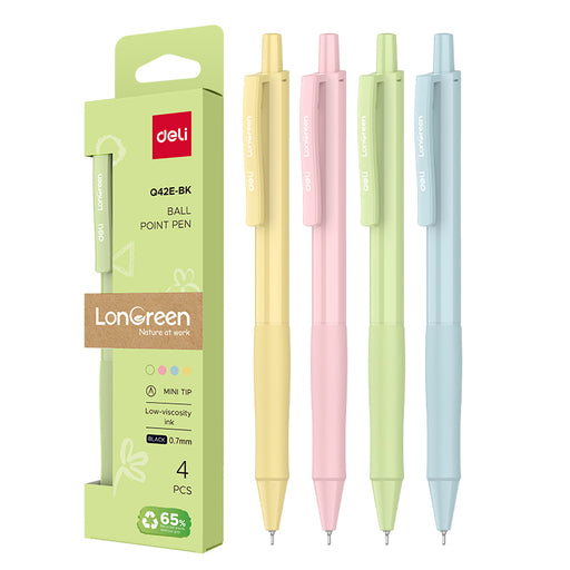 Pix cu Mecanism Longreen 0,7 mm Corp Pastel Negru Plastic Reciclat 4 Buc Deli