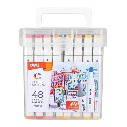 Set 48 Markere Sketch Vârf Dublu 1/7 mm Cutie Plastic Deli