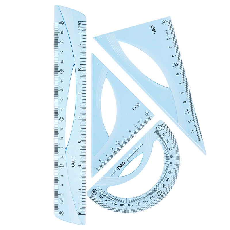 Set Geometrie 4 Piese Albastru Transparent Riglă 20 cm Deli
