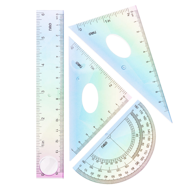 Set Geometrie 4 Piese Multicolor Riglă 15 cm Deli