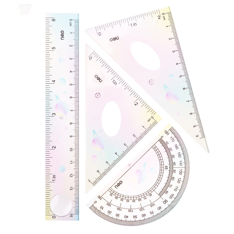 Set Geometrie 4 Piese Multicolor Riglă 15 cm Deli