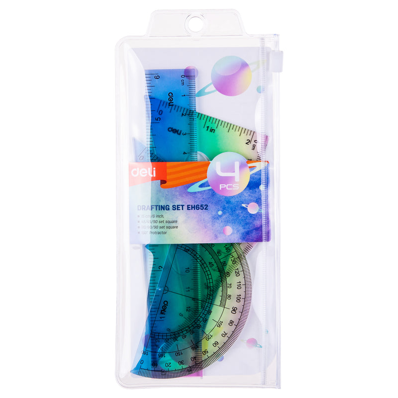 Set Geometrie 4 Piese Multicolor Riglă 15 cm Deli
