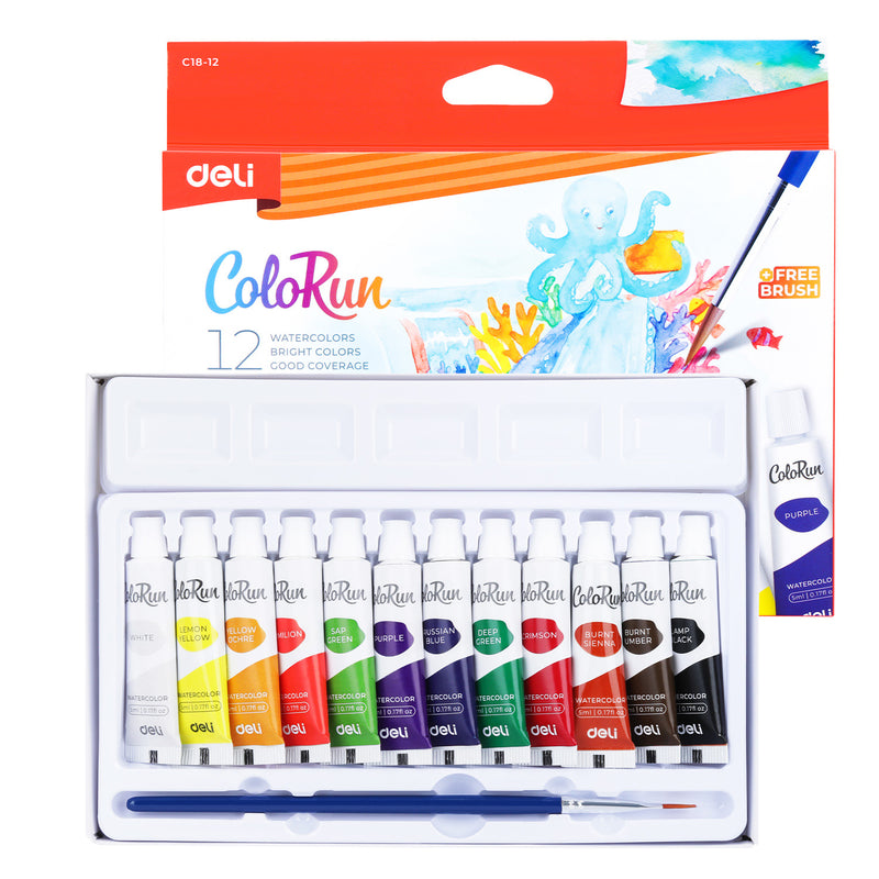 Tempera 12 Culori 5 ml cu Pensulă Deli