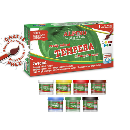 Tempera Lavabilă 7 Culori x 40 ml cu Pensulă Alpino