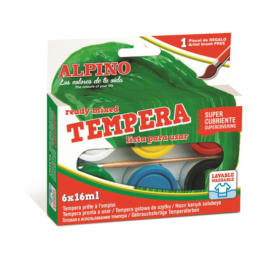 Tempera Lavabilă 6 Culori x 16 ml cu Pensulă Alpino