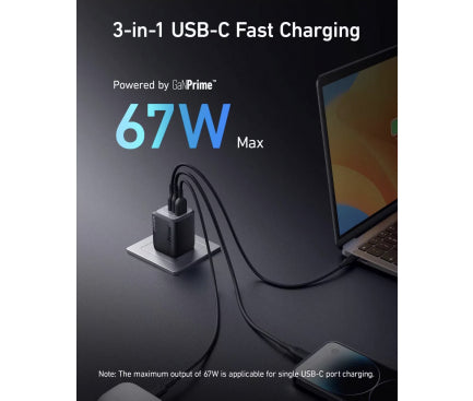 Încărcător Rețea Prime GaN 67W 2x USB-C 1x USB-A Negru - Anker
